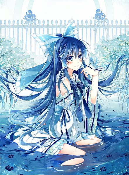 Anime picture 716x974 with touhou hakurei reimu mochizuki shiina single tall image looking at viewer blush fringe blue eyes sitting blue hair very long hair traditional clothes japanese clothes miko bird on hand alternate color girl skirt flower (flowers)