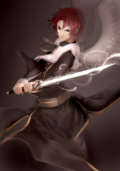 Anime picture 1024x1454 with original escente (artist) single tall image short hair simple background green eyes red hair angel wings fighting stance white wings boy weapon sword wings