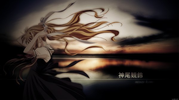 Anime picture 1920x1080 with air key (studio) kamio misuzu celia (artist) long hair highres blonde hair wide image cloud (clouds) ponytail wind hieroglyph lake girl ribbon (ribbons) hair ribbon water