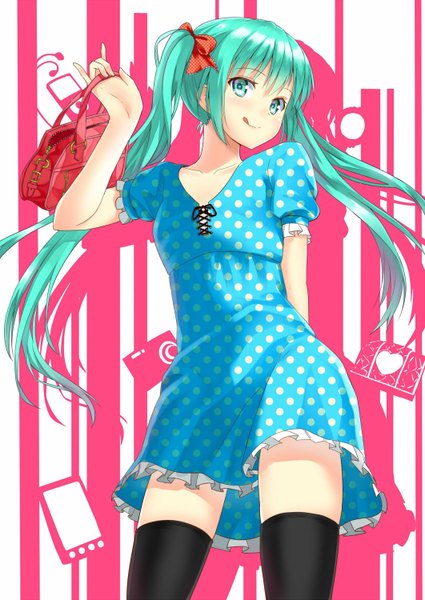 Anime picture 1062x1500 with vocaloid hatsune miku alexmaster single tall image twintails very long hair aqua eyes aqua hair :p girl thighhighs dress black thighhighs bag