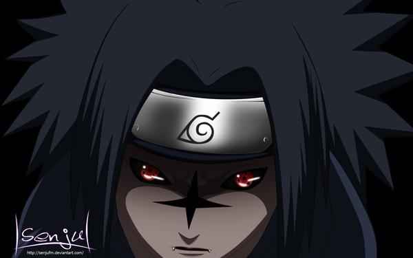 Anime picture 3000x1879 with naruto studio pierrot naruto (series) uchiha sasuke senjufm single long hair highres black hair red eyes wide image coloring black background close-up face sharingan boy bandana