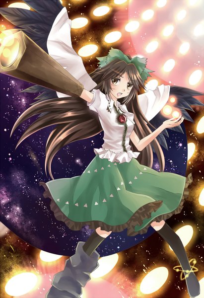 Anime picture 1300x1896 with touhou reiuji utsuho miyakure single long hair tall image blush black hair black eyes magic starry sky print arm cannon space print girl thighhighs bow weapon black thighhighs hair bow wings