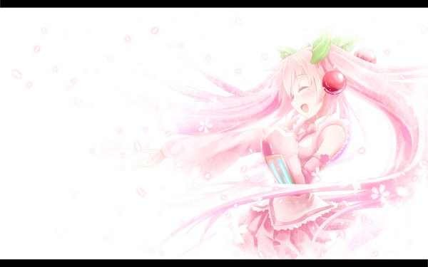 Anime picture 1600x1000 with vocaloid hatsune miku sakura miku akkijin single long hair blush open mouth wide image white background twintails pink hair eyes closed girl detached sleeves petals food berry (berries) cherry