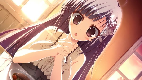 Anime picture 1280x720 with himawari no kyoukai to nagai natsuyasumi sagitsuki ruka single long hair blush open mouth black hair red eyes wide image game cg hair flower girl hair ornament ribbon (ribbons) hair ribbon sundress