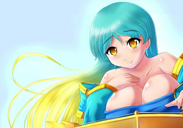 Anime picture 1100x768 with league of legends sona buvelle xano501 single long hair looking at viewer blush breasts light erotic large breasts yellow eyes multicolored hair light smile girl harp