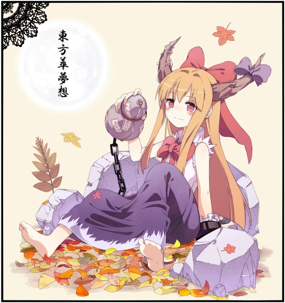 Anime picture 1200x1274 with touhou ibuki suika no more (artist) single long hair tall image blush blonde hair red eyes horn (horns) light smile inscription border girl dress bow hair bow leaf (leaves) chain stone (stones)