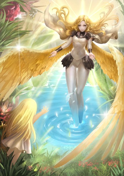 Anime picture 800x1132 with claymore madhouse clare (claymore) teresa hq19910119 long hair tall image blonde hair multiple girls yellow eyes from behind sunlight spread arms girl dress flower (flowers) 2 girls plant (plants) wings water