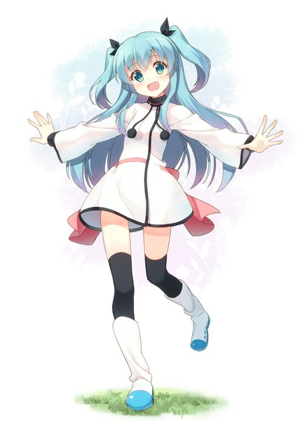 Anime picture 800x1122 with sora no method noel (sora no method) hyuuga azuri single long hair tall image looking at viewer blush open mouth blue eyes simple background white background blue hair full body two side up spread arms leg lift (legs lift) girl thighhighs dress