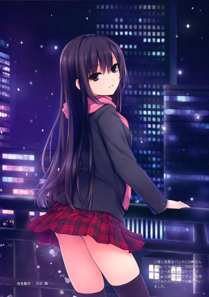 Anime picture 2115x3000 with original shiramine rika coffee-kizoku single long hair tall image highres black hair looking back black eyes girl thighhighs skirt uniform black thighhighs school uniform miniskirt jacket scarf building (buildings)