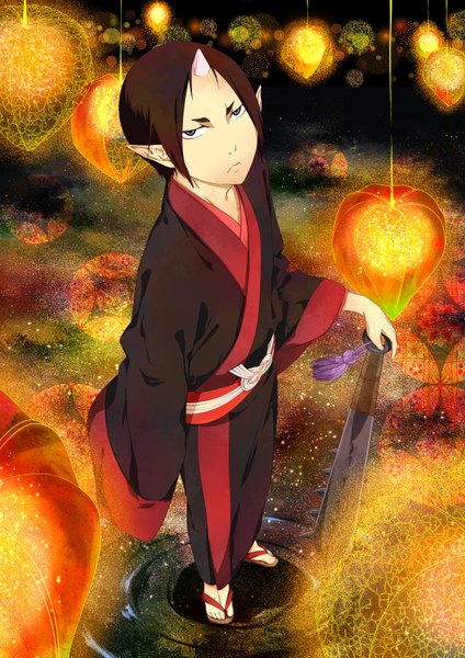 Anime picture 2480x3507 with hoozuki no reitetsu wit studio hoozuki (hoozuki no reitetsu) kirin single tall image looking at viewer highres short hair blue eyes brown hair standing full body traditional clothes japanese clothes horn (horns) from above pointy ears wide sleeves glowing