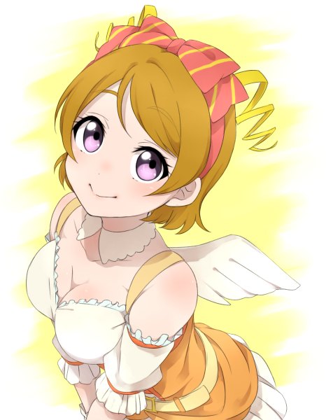 Anime picture 932x1200 with love live! school idol project sunrise (studio) love live! koizumi hanayo sekina single tall image short hair smile brown hair purple eyes from above looking up angel wings yellow background girl bow hair bow wings