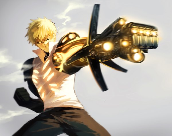 Anime picture 1500x1189 with one-punch man madhouse genos abaraya (artist) single fringe short hair simple background blonde hair yellow eyes head tilt fighting stance mechanical arms black sclera superhero boy weapon shirt white shirt pants