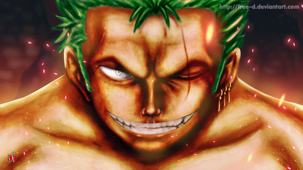 Anime picture 1024x576 with one piece toei animation roronoa zoro single looking at viewer short hair open mouth smile wide image signed yellow eyes green hair piercing coloring scar clenched teeth boy