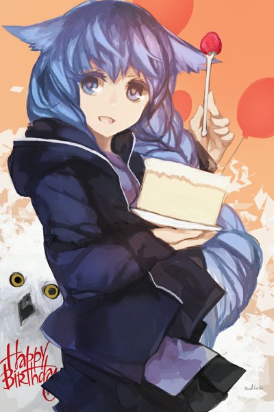 Anime picture 709x1063 with original swd3e2 single long hair tall image looking at viewer blue eyes signed animal ears blue hair braid (braids) inscription single braid happy birthday girl animal jacket sweets bird (birds) cake