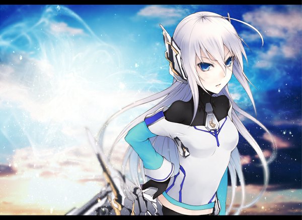 Anime picture 1030x750 with original kyoeiki single looking at viewer blue eyes sky cloud (clouds) white hair girl gloves hair ornament black gloves