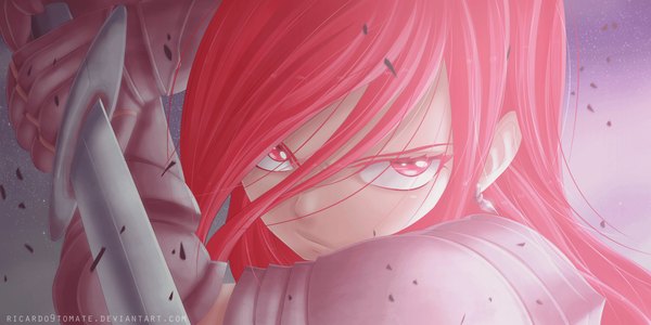 Anime picture 2500x1251 with fairy tail erza scarlet ric9duran single long hair highres wide image pink hair pink eyes coloring close-up purple background girl weapon earrings sword armor