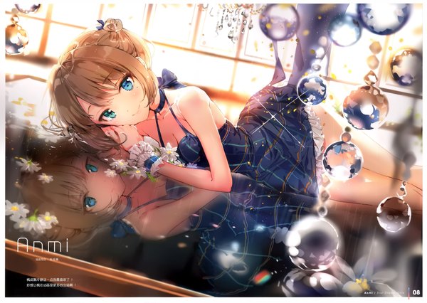 Anime picture 4218x3000 with idolmaster idolmaster cinderella girls takagaki kaede anmi looking at viewer fringe highres short hair blue eyes blonde hair smile bare shoulders green eyes absurdres lying sunlight mole hair bun (hair buns) mole under eye heterochromia