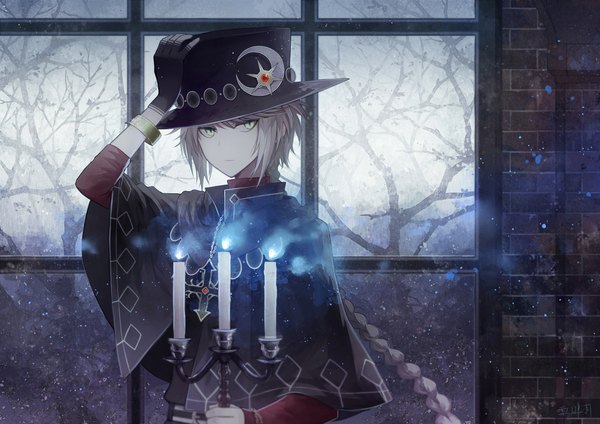 Anime picture 1157x818 with original angel31424 single long hair looking at viewer blonde hair holding signed payot upper body braid (braids) single braid smoke adjusting hat crescent bare tree brick wall tsurime boy gloves