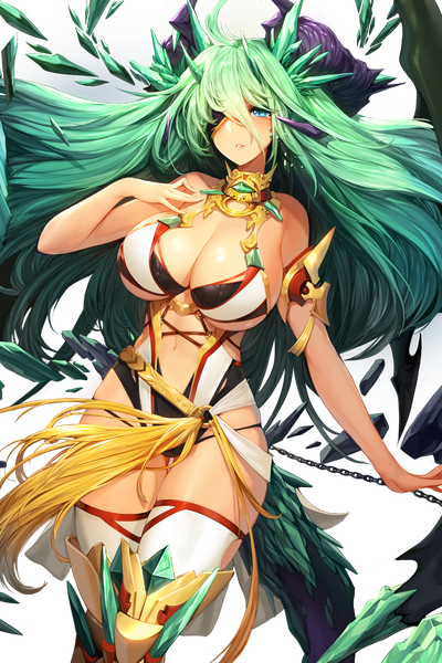 Anime picture 1176x1764 with soccer spirits saramir (soccer spirits) snowball22 single long hair tall image looking at viewer fringe breasts blue eyes light erotic hair between eyes standing bare shoulders cleavage parted lips green hair sleeveless huge breasts floating hair