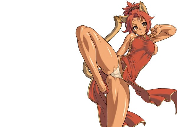 Anime picture 1000x719 with final fantasy final fantasy xi square enix mithra gochou (kedama) single short hair breasts light erotic white background brown eyes animal ears red hair animal tail cat ears cat girl cat tail spread legs legs cameltoe