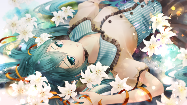 Anime picture 1600x900 with vocaloid hatsune miku kururi (oekaki nikki) single long hair looking at viewer fringe hair between eyes wide image twintails lying nail polish aqua eyes aqua hair on back aqua nail polish girl flower (flowers) ribbon (ribbons) lily (flower)