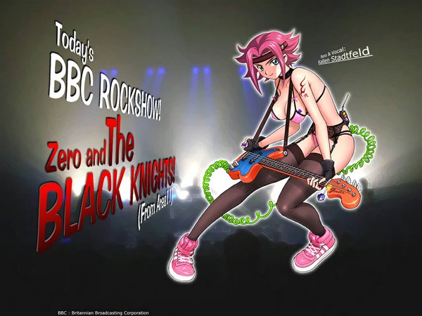 Anime picture 1024x768 with code geass sunrise (studio) kallen stadtfeld short hair light erotic pink hair girl thighhighs underwear guitar