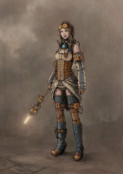Anime picture 1131x1600 with league of legends lux (league of legends) single tall image blue eyes blonde hair tattoo underbust steam punk gloves weapon glasses staff goggles corset