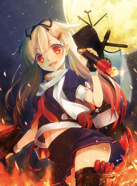 Anime picture 889x1200 with kantai collection yuudachi destroyer nama2e single long hair tall image looking at viewer blush open mouth blonde hair red eyes remodel (kantai collection) girl skirt ribbon (ribbons) weapon hair ribbon moon fire sailor suit