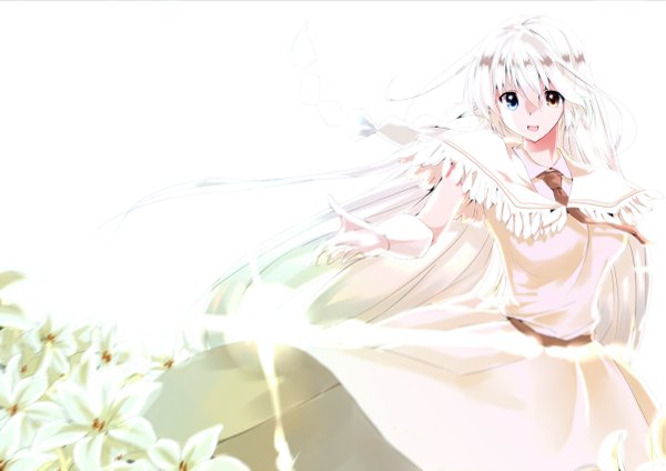 Anime picture 1202x850 with original athena helios inami haruka single short hair white background heterochromia girl dress flower (flowers)