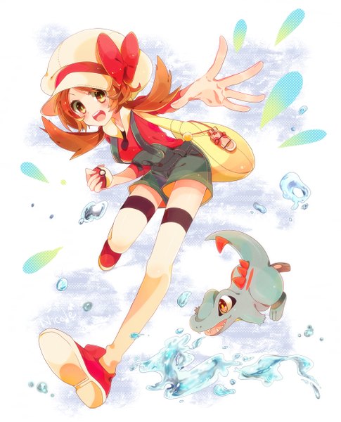 Anime picture 1000x1235 with pokemon pokemon heartgold and soulsilver nintendo lyra (pokemon) totodile nicole (usako) long hair tall image looking at viewer blush open mouth brown hair twintails brown eyes signed low twintails gen 2 pokemon girl thighhighs hat