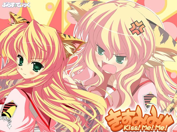 Anime picture 1024x768 with kiss me me torase mimimi long hair looking at viewer blush fringe open mouth blonde hair hair between eyes green eyes animal ears upper body tail animal tail fang (fangs) copyright name tiger ears anger vein tiger tail tiger girl