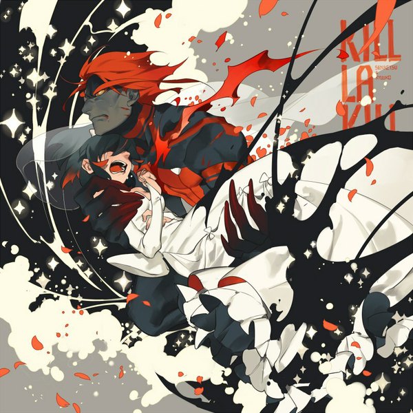 Anime picture 800x800 with kill la kill studio trigger matoi ryuuko senketsu coralstone blush short hair breasts open mouth black hair red eyes red hair multicolored hair two-tone hair streaked hair copyright name character names tears eyebrows crying