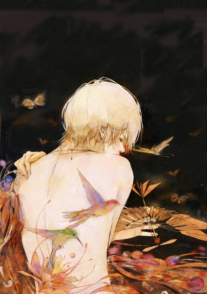 Anime picture 1060x1500 with original jide77 single tall image short hair blonde hair back boy flower (flowers) animal choker bird (birds) insect butterfly hummingbird