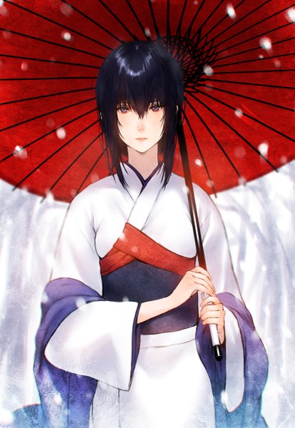 Anime picture 827x1200 with rurouni kenshin yukishiro tomoe makimura shunsuke single tall image looking at viewer fringe short hair standing purple eyes holding blue hair traditional clothes japanese clothes lips blurry lipstick snowing winter expressionless