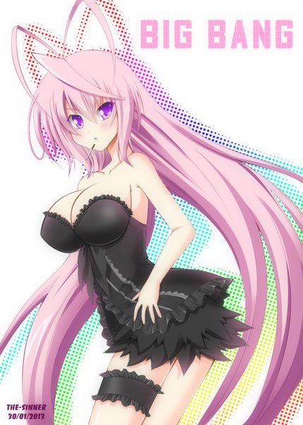 Anime picture 1143x1600 with the-sinner single tall image blush breasts light erotic large breasts purple eyes bare shoulders pink hair very long hair girl dress black dress
