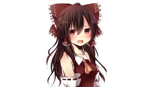 Anime picture 1920x1080 with touhou hakurei reimu yamasuta long hair blush highres open mouth red eyes brown hair wide image white background teeth fang (fangs) miko girl bow ribbon (ribbons) hair bow detached sleeves