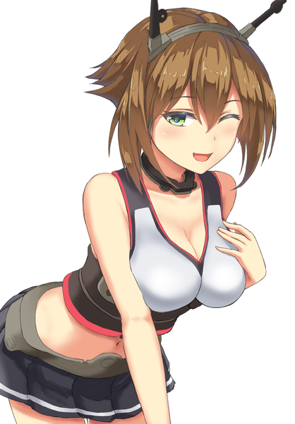 Anime picture 1049x1507 with kantai collection mutsu battleship monoku (artist) single tall image looking at viewer fringe short hair breasts light erotic smile brown hair large breasts green eyes pleated skirt one eye closed wink bare belly leaning leaning forward