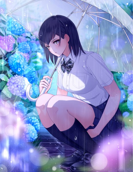 Anime picture 1217x1569 with original giba (out-low) single tall image blush short hair blue eyes black hair looking away shaded face rain squat transparent umbrella girl skirt uniform flower (flowers) school uniform miniskirt shirt