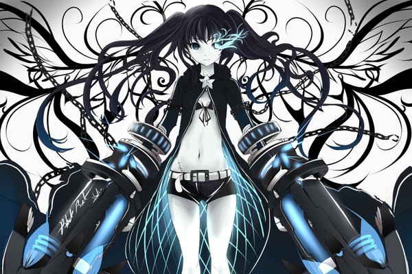 Anime picture 3000x2000 with black rock shooter vocaloid hatsune miku black rock shooter (character) faefaea single long hair looking at viewer highres blue eyes black hair simple background white background twintails very long hair aqua eyes grey background glowing scar glowing eye (eyes)
