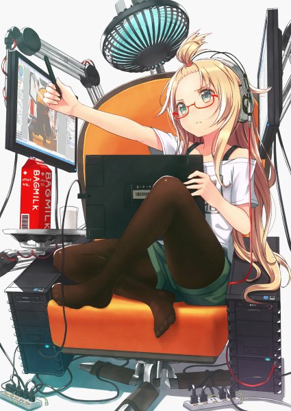 Anime picture 850x1200 with original haruken long hair tall image blush blue eyes blonde hair sitting bare shoulders looking away ponytail tail short sleeves no shoes recursion girl pantyhose glasses shorts headphones
