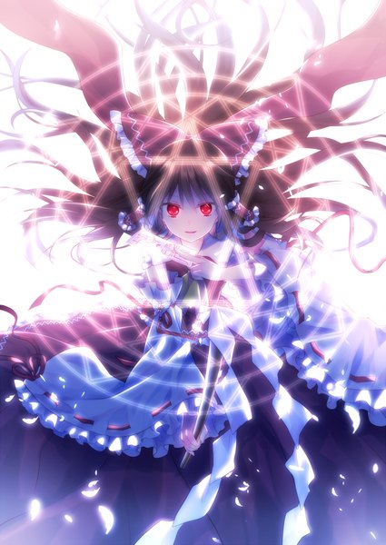 Anime picture 1000x1411 with touhou hakurei reimu riichu single long hair tall image open mouth black hair smile red eyes traditional clothes magic light girl bow ribbon (ribbons) hair bow detached sleeves frills large bow