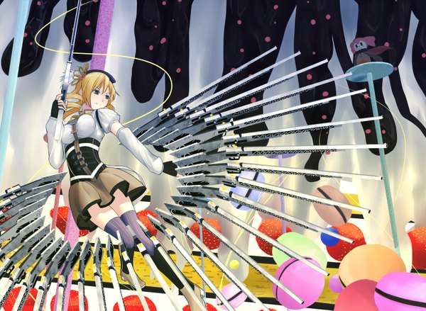Anime picture 1500x1099 with mahou shoujo madoka magica shaft (studio) tomoe mami shinbee single blonde hair drill hair girl thighhighs hair ornament weapon detached sleeves rifle