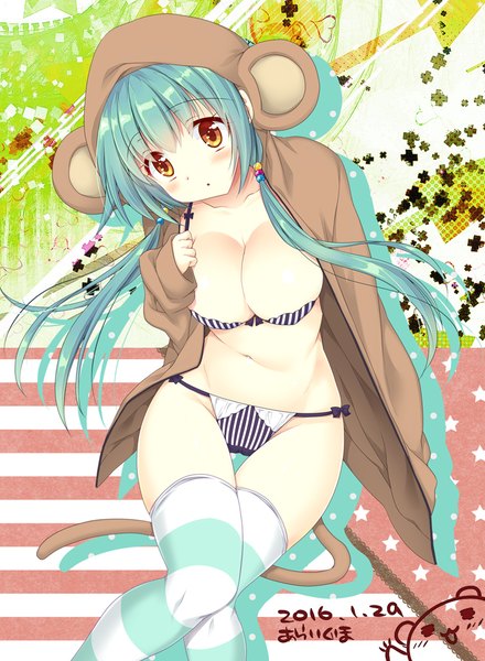 Anime picture 734x1000 with original araiguma single long hair tall image blush breasts light erotic large breasts blue hair cleavage orange eyes girl thighhighs navel underwear panties lingerie bra striped thighhighs