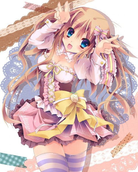 Anime picture 803x1000 with original amanatsu yuzuka single long hair tall image looking at viewer blush open mouth blue eyes brown hair twintails girl thighhighs dress bow hair bow frills striped thighhighs