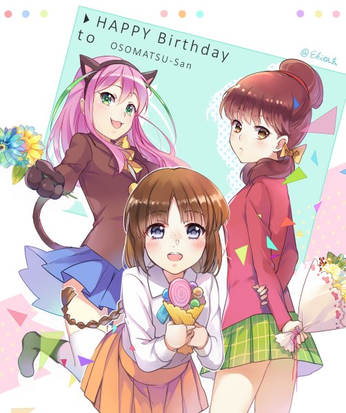 Anime picture 1004x1200 with osomatsu-san yowai totoko hashimoto nyaa juushimatsu's girlfriend ekita xuan long hair tall image fringe open mouth brown hair purple eyes twintails multiple girls brown eyes green eyes signed animal ears pink hair braid (braids) :d