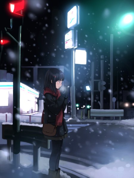 Anime picture 2122x2829 with kishida mel single tall image blush highres short hair open mouth black hair standing profile snowing winter snow exhalation cold girl gloves hair ornament hairclip scarf