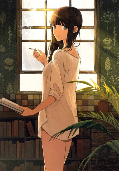 Anime picture 5552x8004 with original kurokeisin single long hair tall image looking at viewer fringe highres light erotic smile brown hair standing holding absurdres indoors blunt bangs parted lips looking back sunlight scan