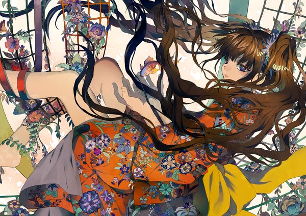 Anime picture 1131x800 with original tsukioka tsukiho single looking at viewer blush open mouth brown hair twintails very long hair japanese clothes looking back barefoot lips black eyes bare legs girl hair ornament flower (flowers) ribbon (ribbons) animal