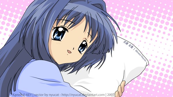 Anime picture 3888x2183 with kanon key (studio) minase nayuki long hair highres blue eyes wide image signed blue hair vector girl pillow pajamas