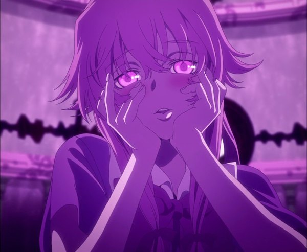 Anime picture 1280x1052 with mirai nikki gasai yuno long hair blush fringe parted lips pink eyes lips face purple background screenshot yandere trance girl